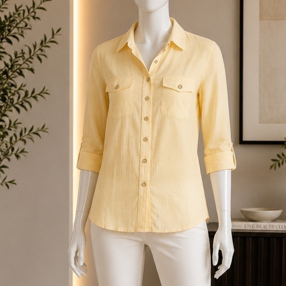 Karen Scott Women Button Down Shirt Yellow Roll Tab Sleeve Small